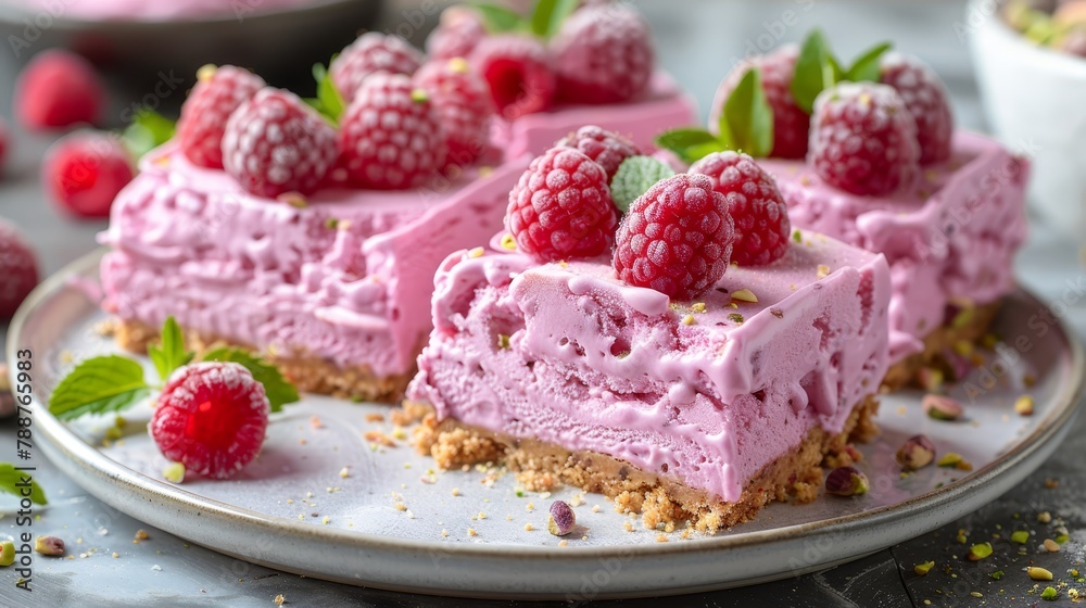 A slice of cheesecake topped with raspberries, arranged on a plate A slice of cheesecake topped with raspberries, arranged on a plate
