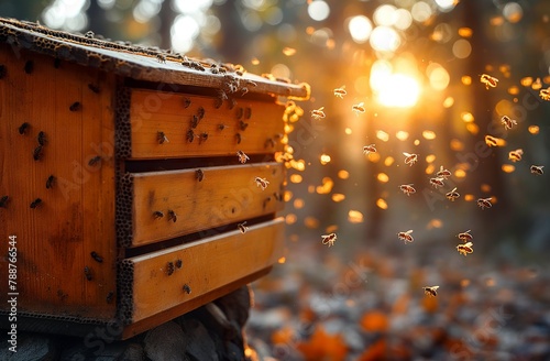 Bees busily at work on honeycomb, golden hour glow, perfect for bee commercial use, captures nature's hustle