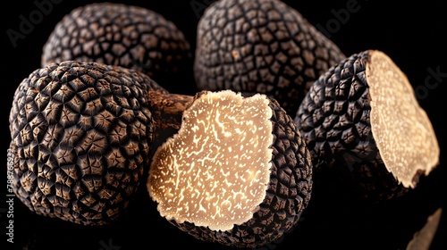 Wooden table showcasing pile of black truffles with yellow centers