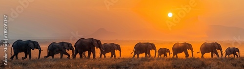 A dramatic herd of elephants marching through a dusty sunset in the wilderness  soft tones  fine details  high resolution  high detail  32K Ultra HD  copyspace