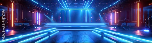 A futuristic stage illuminated with blue neon lights, soft tones, fine details, high resolution, high detail, 32K Ultra HD, copyspace