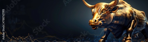 A golden bull symbolizing rising stock market trends against a dark backdrop, soft tones, fine details, high resolution, high detail, 32K Ultra HD, copyspace