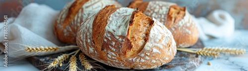 Artisan sourdough bread on display with wheat ears on a marble background, soft tones, fine details, high resolution, high detail, 32K Ultra HD, copyspace