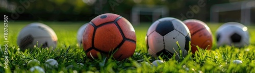 Assorted sports balls on green grass in daylight, soft tones, fine details, high resolution, high detail, 32K Ultra HD, copyspace photo