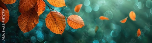 Crisp orange leaves falling gently against a deep green background, soft tones, fine details, high resolution, high detail, 32K Ultra HD, copyspace photo