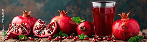 Fresh pomegranate juice with mint and ripe fruits on a wooden surface, soft tones, fine details, high resolution, high detail, 32K Ultra HD, copyspace