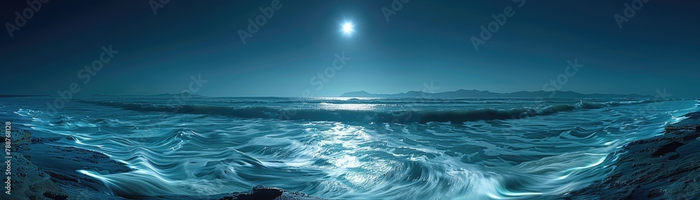 Glowing tidal waves under a moonlit sky, showcasing the ocean's mystery at night, soft tones, fine details, high resolution, high detail, 32K Ultra HD, copyspace