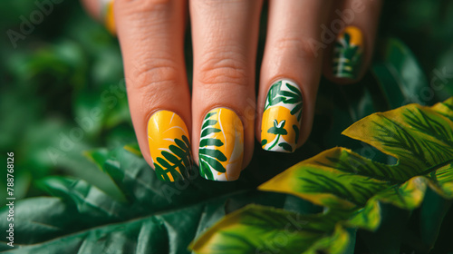Vibrant Tropical-Inspired Nail Art on a Woman's Fingers photo