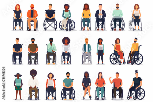 Business multinational team. A group of people, colleagues of different ages and races together. Person with disability in a wheelchair 3D avatars set vector icon, white background, black colour icon photo