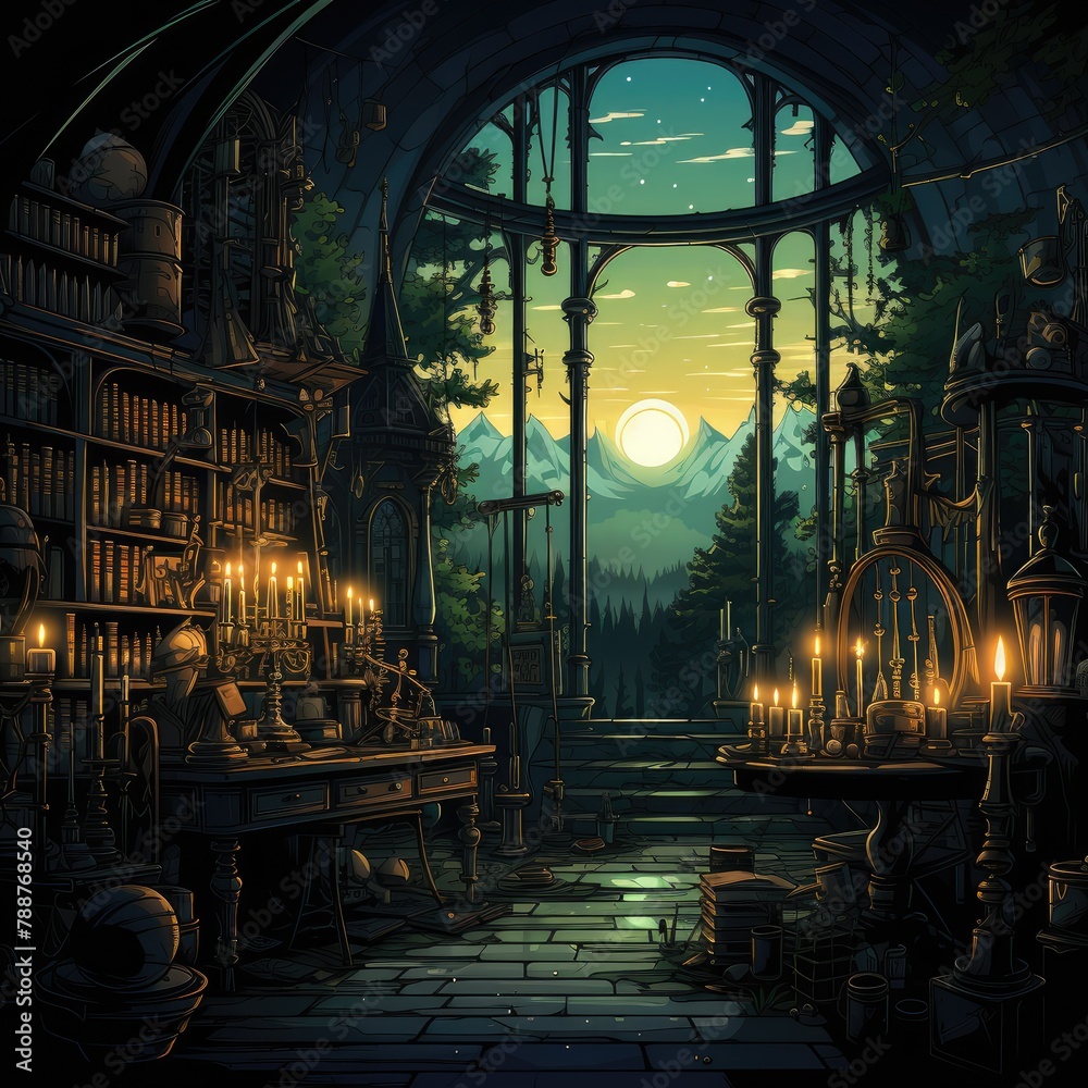 witch fantasy interior, table with witch's stuff, mystic atmosphere, green light