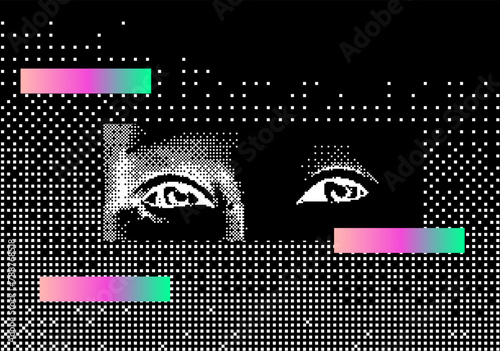 Illustration of a human eyes on a pixelated and glitched bakground. Technology and surveillance concept. © local_doctor