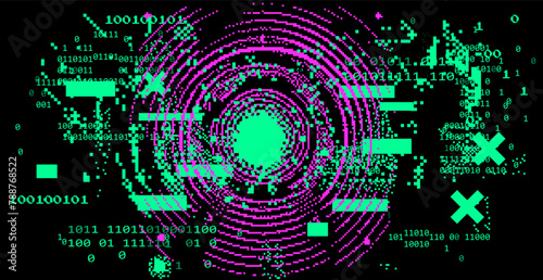 Abstact grunge sci-fi background with geometic pixelated figures and patterns.