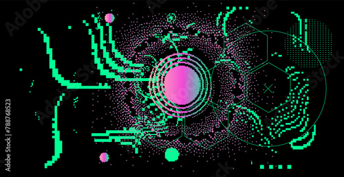 Abstact grunge sci-fi background with geometic pixelated figures and patterns.