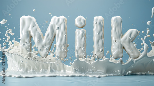 Milky Splash. a dynamic splash of milk, forming the word “MILK” against a blue background.