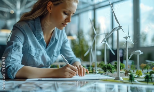 A woman engineer works in office on drawings of wind turbines. Female architect student working on project photo