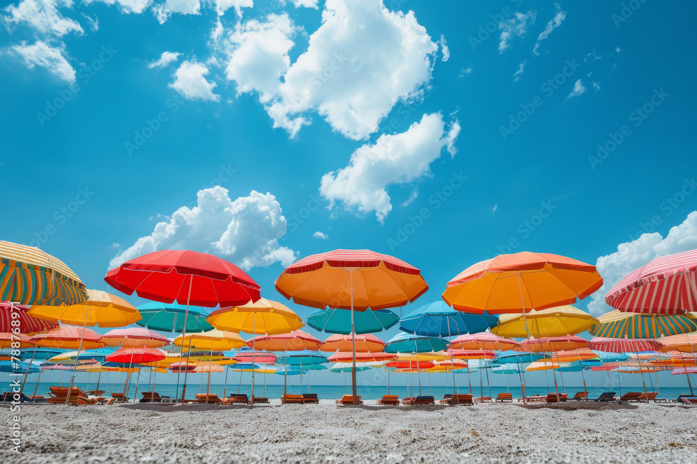 Colorful umbrellas on sandy beach. Travel and vacation background. Generative AI