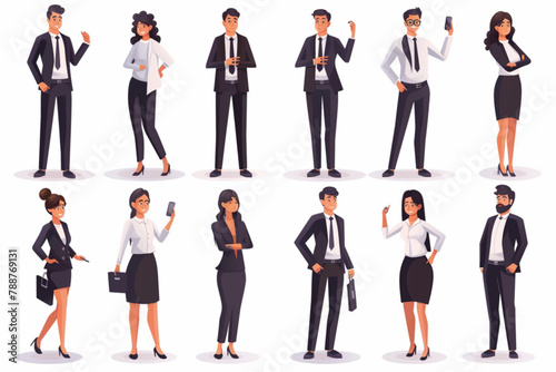 Business people in different poses and actions. Men and women, characters of office employees on a white background 3D avatars set vector icon, white background, black colour icon