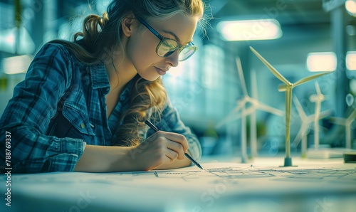 A woman engineer in glasses works in office on drawings of wind turbines. Female architect student working on project photo