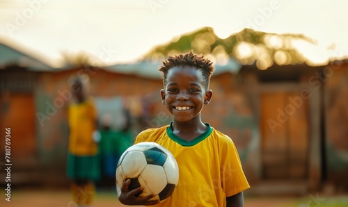 African American boy in yellow and green football uniform smiling and holding ball in stadium © anatoliycherkas