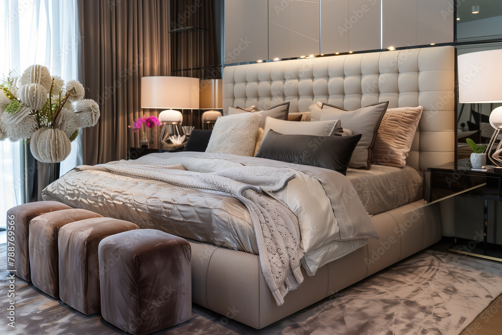 Luxury modern bedroom interior with elegant bedding. Stylish bedroom interior with large bed, pouf and bedside table. Luxury modern bedroom interior with elegant bedding. Stylish bedroom interior with large bed, pouf and bedside table.