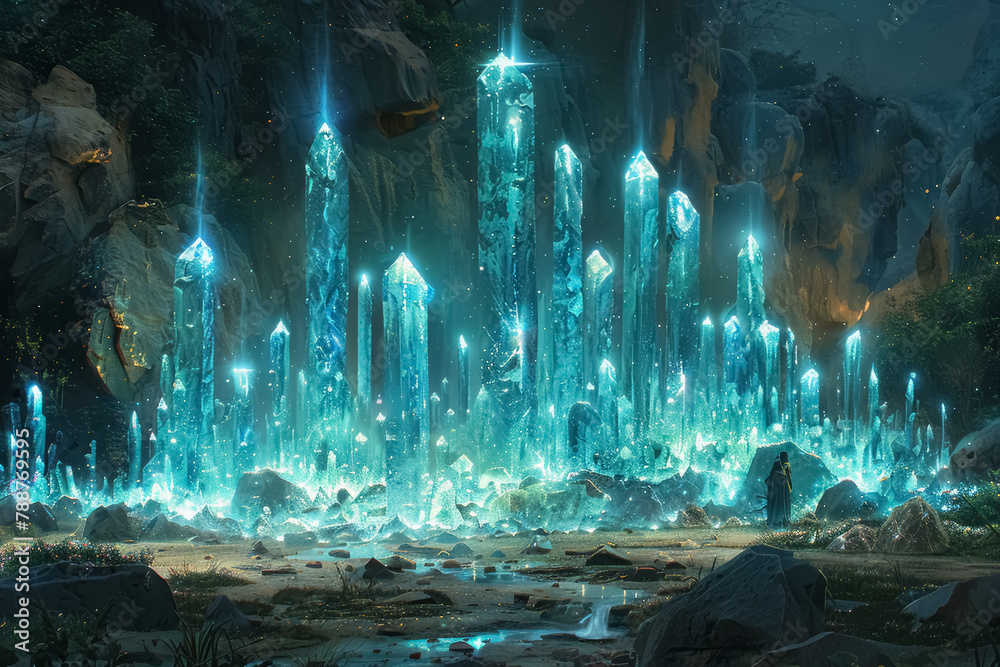 mystical glowing crystal cave with blue lights in a dark mysterious setting