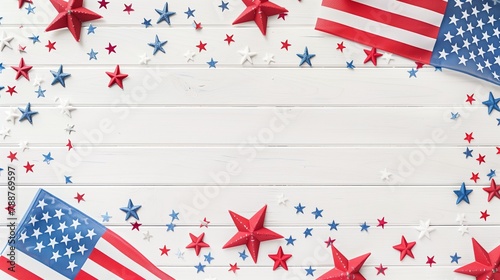 Red white and blue stars on a white wooden background. AI Generated