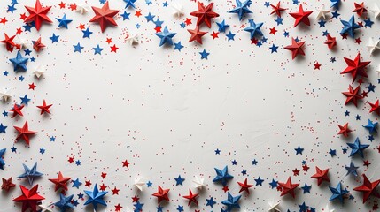 USA holiday decorations on a gray stone background, top view, flat lay