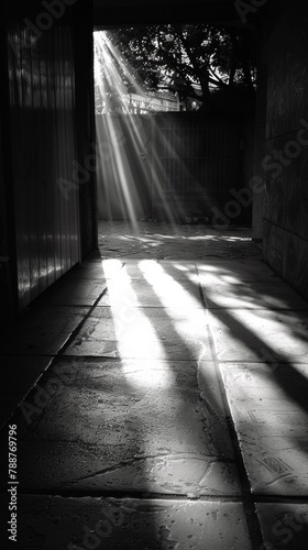 A black and white photo of a hallway with sunlight coming through, AI
