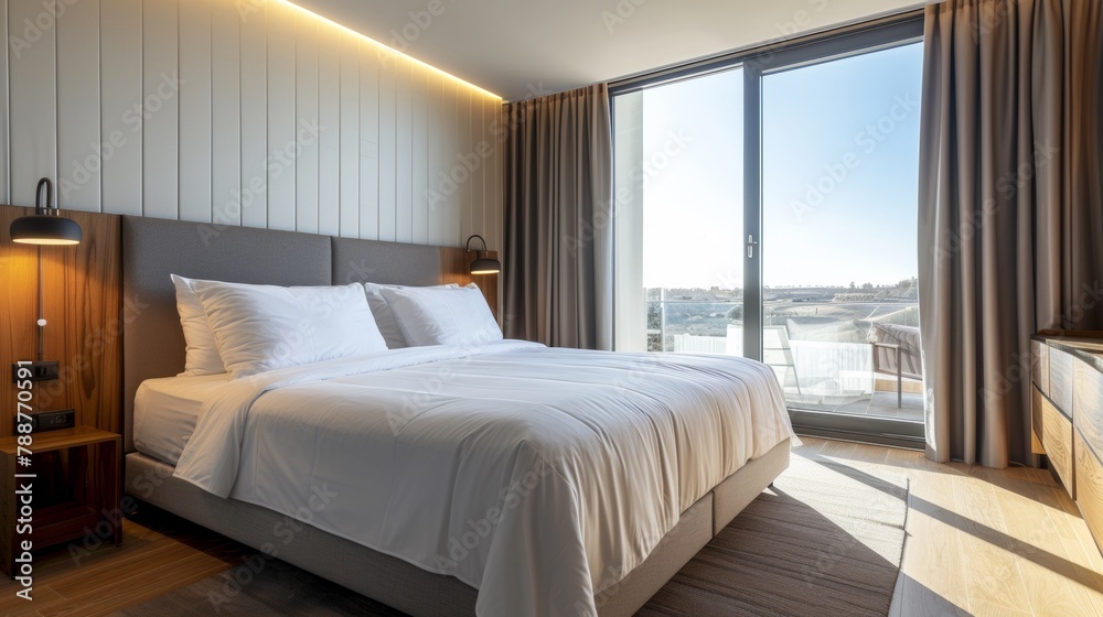 Obraz premium A bedroom with a large bed and sliding glass doors, AI