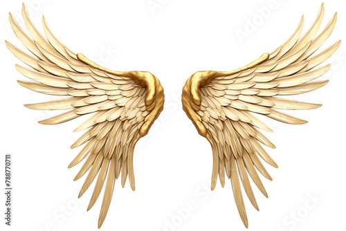 Realistic Celestial angel golden wings PNG isolated on a white and transparent background - heavenly ascension seraphic guardian angelic gold feathers photo