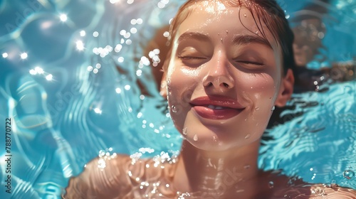 Dewy-skinned woman basks in the joy of summer, her beautiful face radiating with wellness by the pool