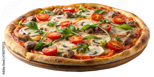 Large delicious pizza with tomatoes and meat