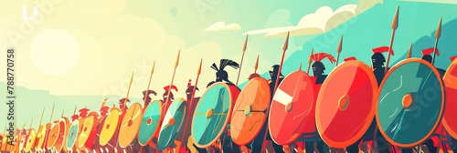 A colony of Spartan hoplites forms an impenetrable phalanx, their shields locked together, their spears poised, ready to repel any foe photo
