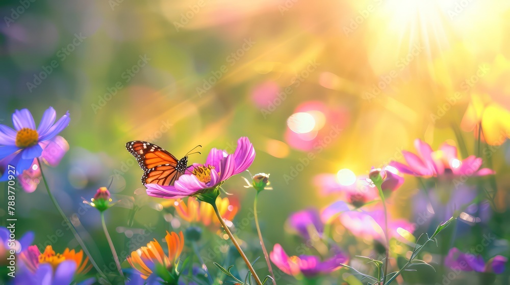 Field of colorful cosmos flower and butterfly in a meadow in nature in the rays of sunlight in summer in the spring close-up of a macro Field of colorful cosmos flower and butterfly in a meadow in nature in the rays of sunlight in summer in the spring close-up of a macro