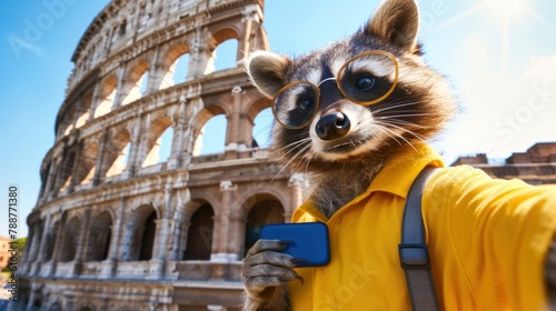 Cute raccoon trying to get camera for selfie in Rome, copy space , travel concept photo