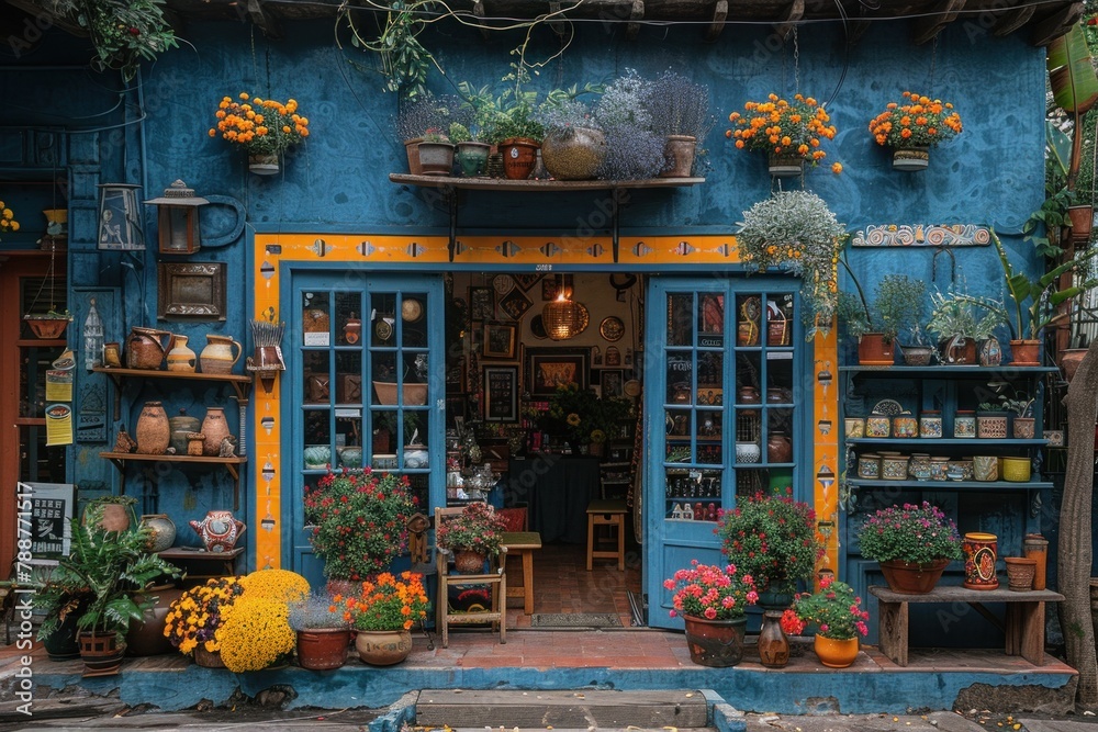 Fototapeta premium A striking storefront adorned with colorful displays, beckoning passersby to step inside and explore a world of unique treasures and delights.