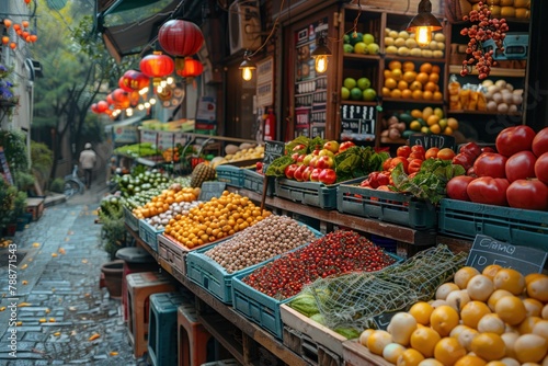 A vibrant street market bustling with activity, showcasing diverse stalls offering fresh produce, handicrafts, and local delicacies.