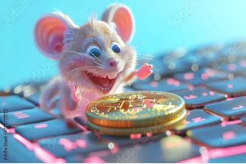 A mischievous mouse hacks into a Bitcoin exchange, its tiny fingers flying across the keyboard, its mind focused on pilfering digital riches photo