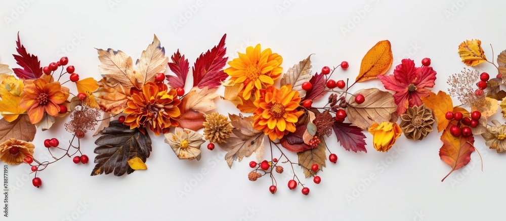Autumn arrangement featuring dried leaves, flowers, and rowan berries set against a white backdrop. Depicting the essence of autumn, fall, and Thanksgiving.
