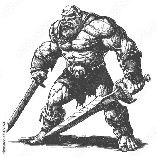 ogre warrior full body images using Old engraving style