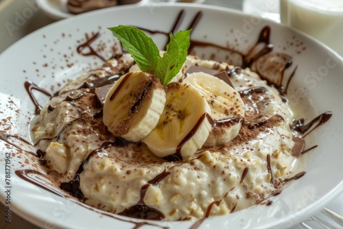 Indulge in delightful banana-mint and chocolate oatmeal at a charming street cafe