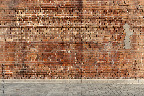 a large, uniform brick wall The bricks are uniformly sized and are laid in an offset pattern, typical of traditional brick laying techniques photo
