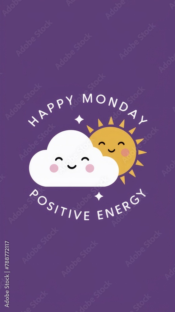 Motivational Monday story, a happy sun and cloud. Happy monday written design. Cartoon style Motivational Monday story, a happy sun and cloud. Happy monday written design. Cartoon style