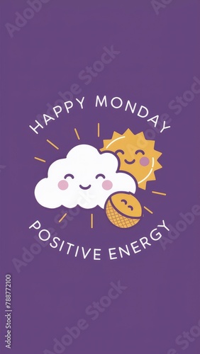 Motivational Monday story, a happy sun and cloud. Happy monday written design. Cartoon style
