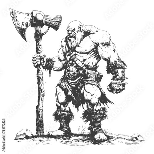 ogre warrior with big hammer full body images using Old engraving style