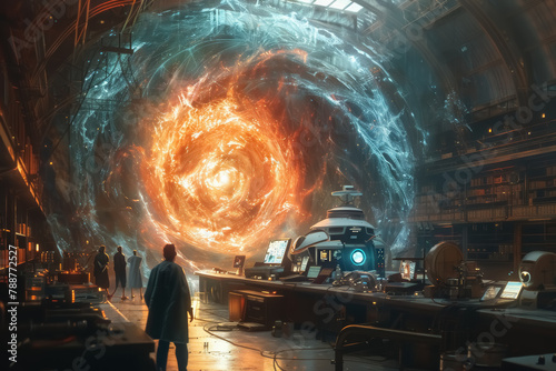 futuristic laboratory with scientists observing a swirling vortex of energy, science fiction setting