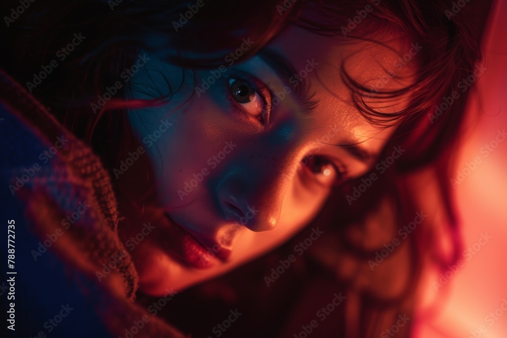 Intimate close-up of a woman's face illuminated by a red glow, reflecting a mysterious, moody ambiance with a touch of warmth.

