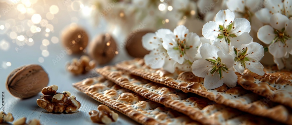 A close up of crackers with nuts and flowers on a table. AI. A close up of crackers with nuts and flowers on a table. AI.