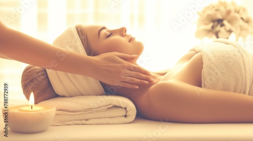 A woman getting a massage in the spa with candles. AI.