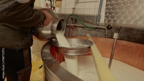 Artisan cheesemaker pouring milk into vat for cheese production photo